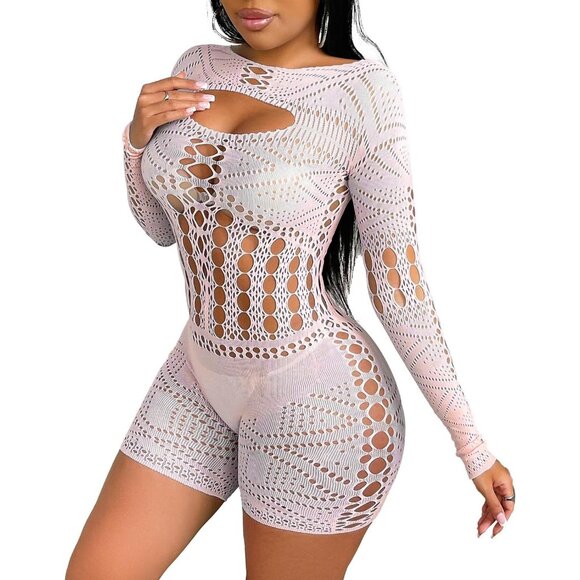 White Women Sexy Fishnet Bodysuit Bodystocking Tights Bodycon Jumpsuit - Picture 1 of 6
